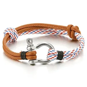 Mens Women Steel Screw Anchor Shackles Nautical Sailor Rope Cord Leather Wrap Bracelet Wristband