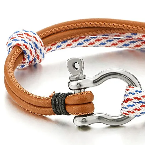 Mens Women Steel Screw Anchor Shackles Nautical Sailor Rope Cord Leather Wrap Bracelet Wristband