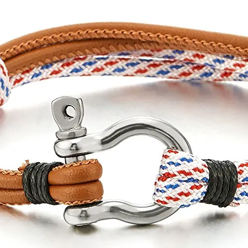 Mens Women Steel Screw Anchor Shackles Nautical Sailor Rope Cord Leather Wrap Bracelet Wristband