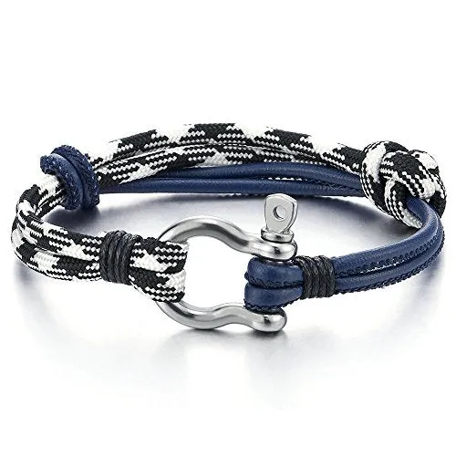 Mens Women Steel Screw Anchor Shackles Nautical Sailor Rope Cord Leather Wrap Bracelet Wristband