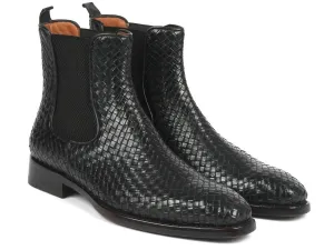 Premium Handcrafted Black Woven Leather Chelsea Boots for Men
