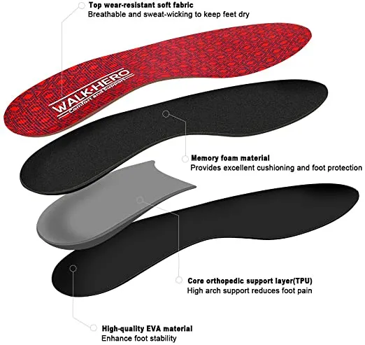 Walk-Hero | Plantar Fasciitis Feet Insoles Arch Supports Orthotics Inserts | Red