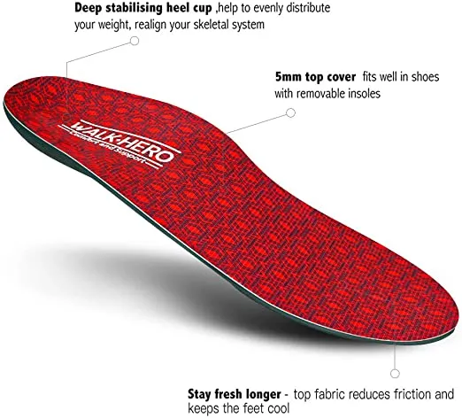 Walk-Hero | Plantar Fasciitis Feet Insoles Arch Supports Orthotics Inserts | Red